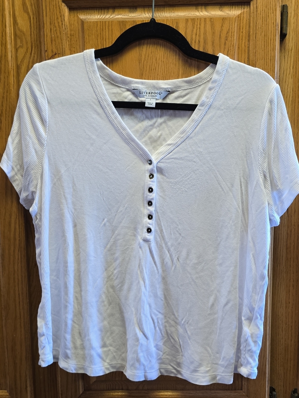 Liverpool White Short-Sleeve Henley Top, Ribbed, Size L